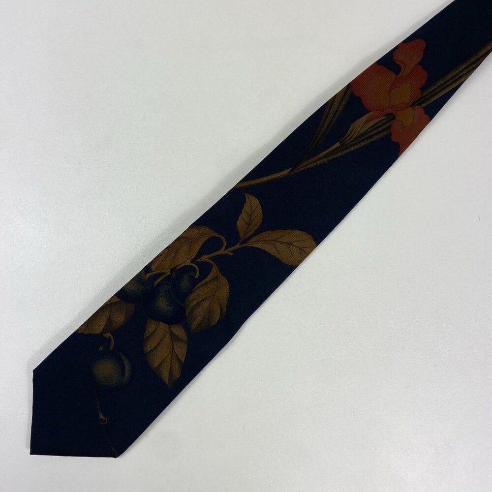 Leonard Paris Silk Twill Tie Black w/ Plums & Iris 3.5 x 55 Italy Floral Fruit